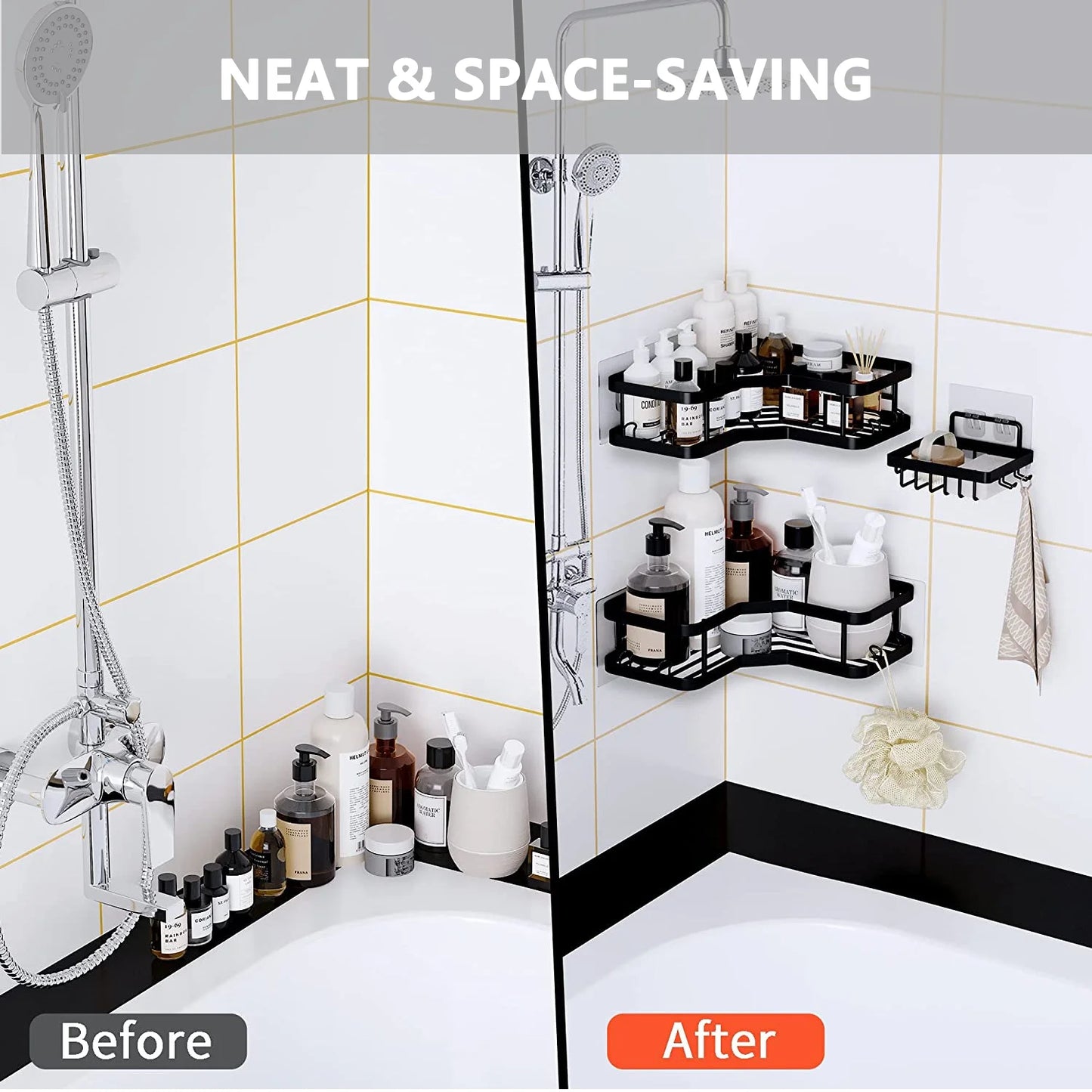 3 PCS Corner Shower Caddy Organizer, 2 Tier Self-Adhesive Bathroom Organizer Shower Caddy Basket with Soap Holder, No Drilling Wall Mounted Rustproof Stainless Steel Bath Rack Black