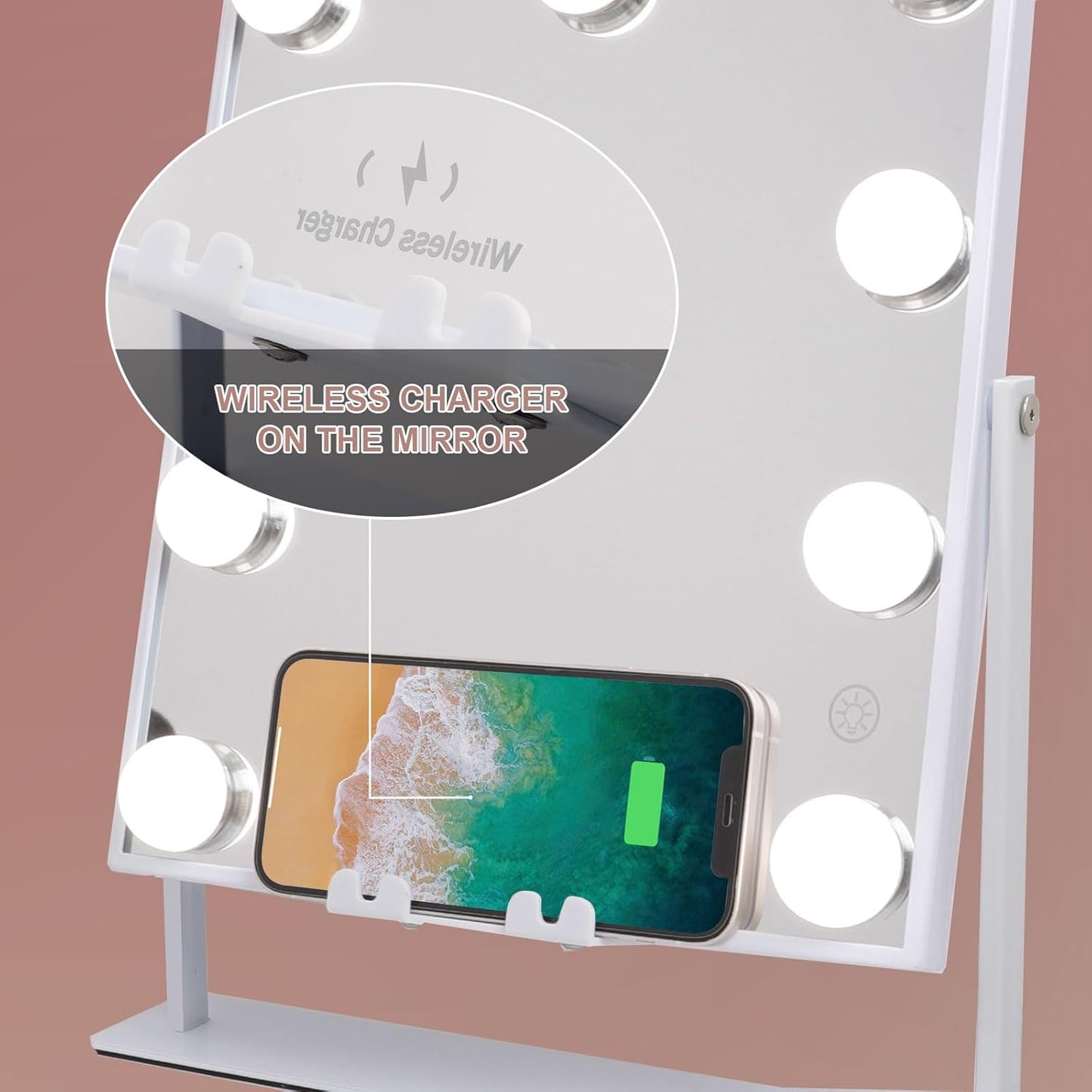 Lighted Vanity Mirror with Lights Speaker and Wireless Charging,Makeup Mirror with Lights and 10X Magnification Hollywood Mirror with 9 Dimmable LED Bulbs(White)