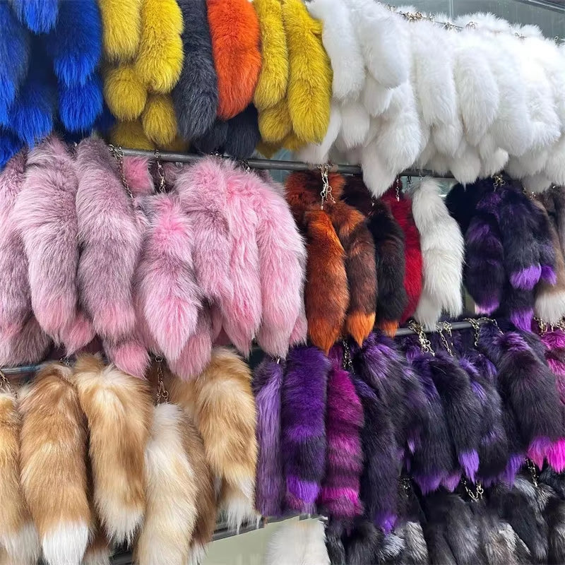 Natural Fox Fur Tail Keychain Furry 2024 Y2K Beautiful Accesory Length 40Cm Car Keychain for Women Fluffy Key Chain