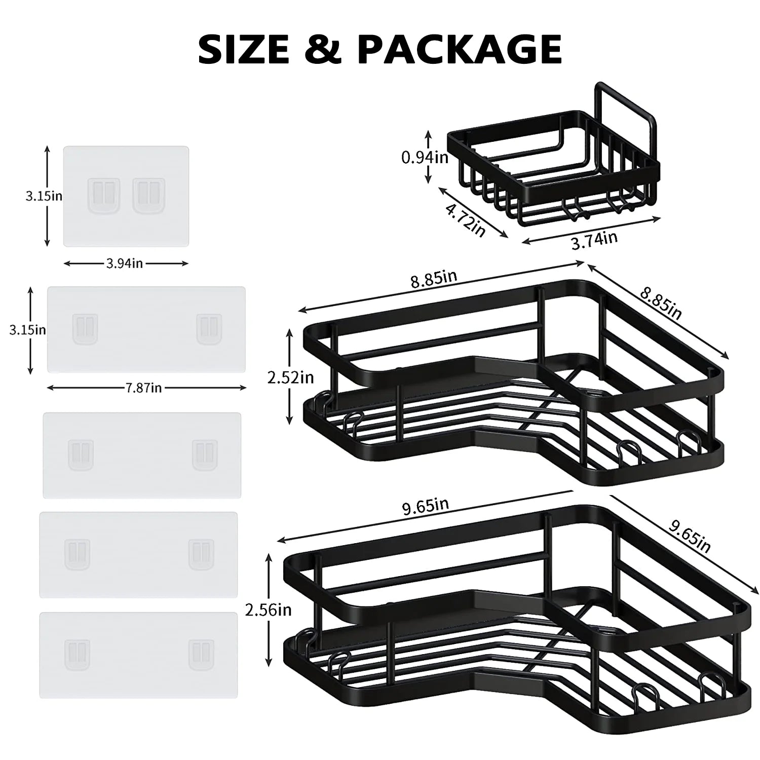 3 PCS Corner Shower Caddy Organizer, 2 Tier Self-Adhesive Bathroom Organizer Shower Caddy Basket with Soap Holder, No Drilling Wall Mounted Rustproof Stainless Steel Bath Rack Black