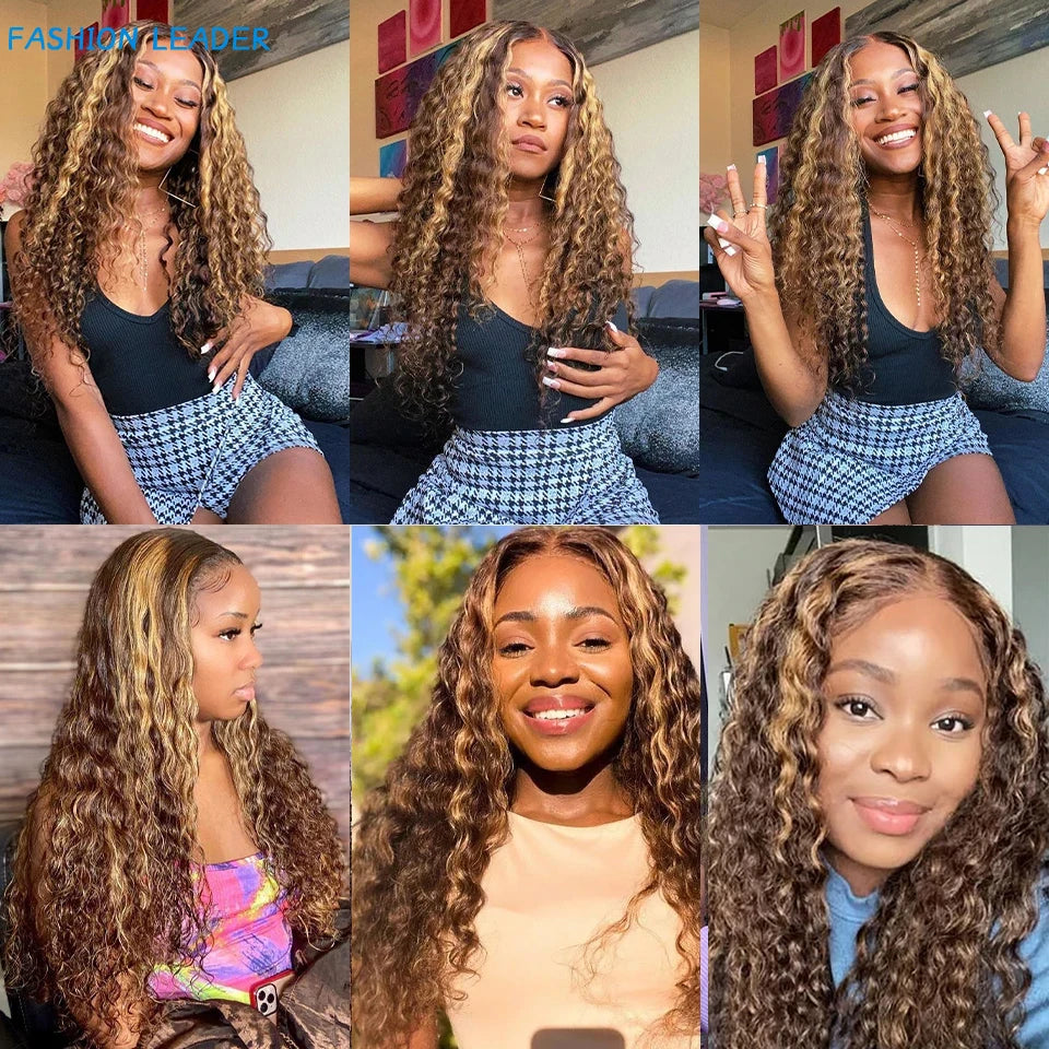 Highlight Wig Human Hair Deep Wave Frontal Wig T Part Ombre Transparent Lace Front Wig Curly Human Hair Wig 30 Inch