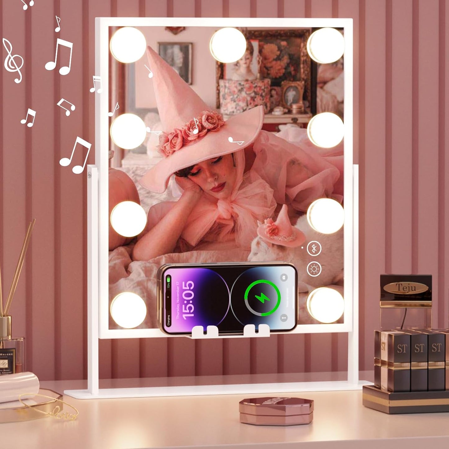 Lighted Vanity Mirror with Lights Speaker and Wireless Charging,Makeup Mirror with Lights and 10X Magnification Hollywood Mirror with 9 Dimmable LED Bulbs(White)