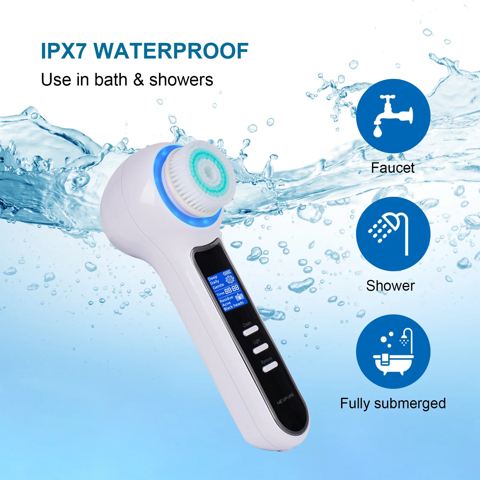 Facial Cleansing Brush - IPX7 Waterproof with LCD Screen, Electric Face Scrubber for Exfoliation, Massage and Deep Cleansing