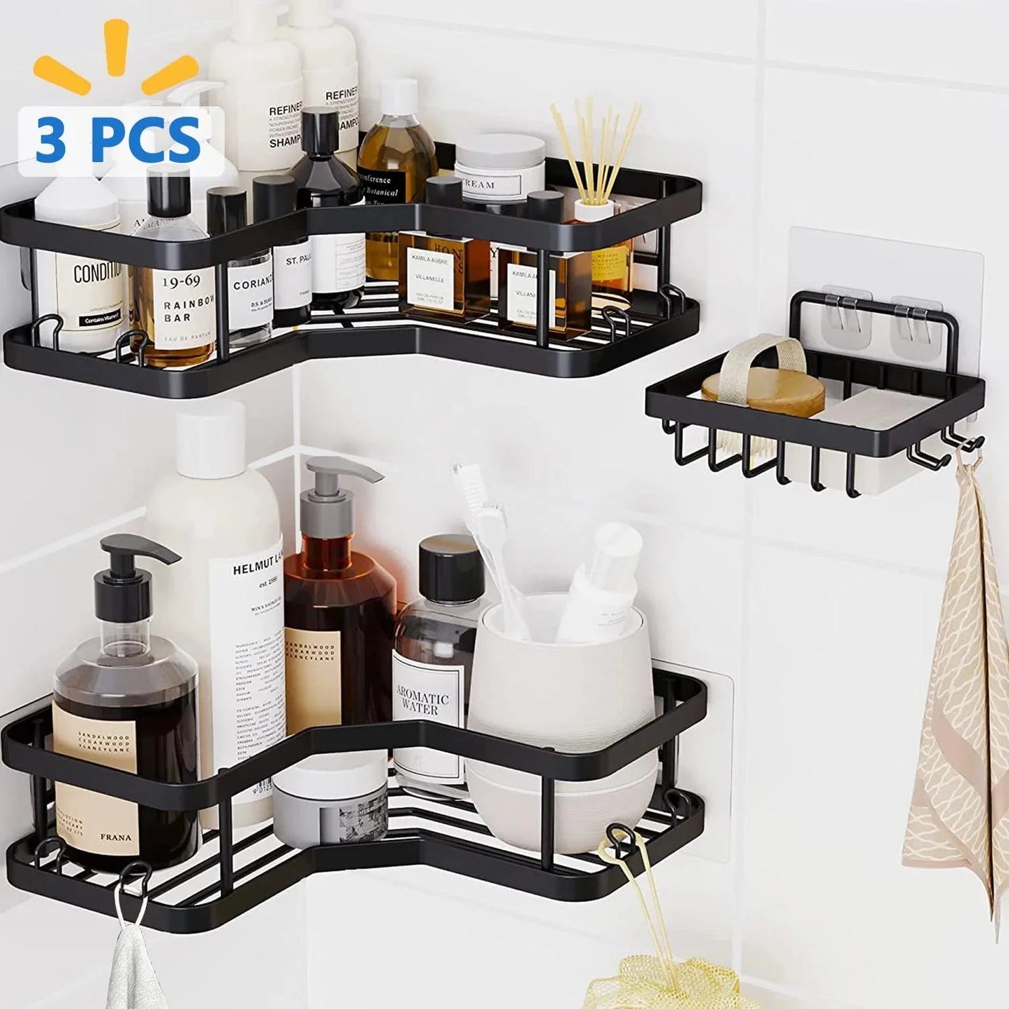 3 PCS Corner Shower Caddy Organizer, 2 Tier Self-Adhesive Bathroom Organizer Shower Caddy Basket with Soap Holder, No Drilling Wall Mounted Rustproof Stainless Steel Bath Rack Black