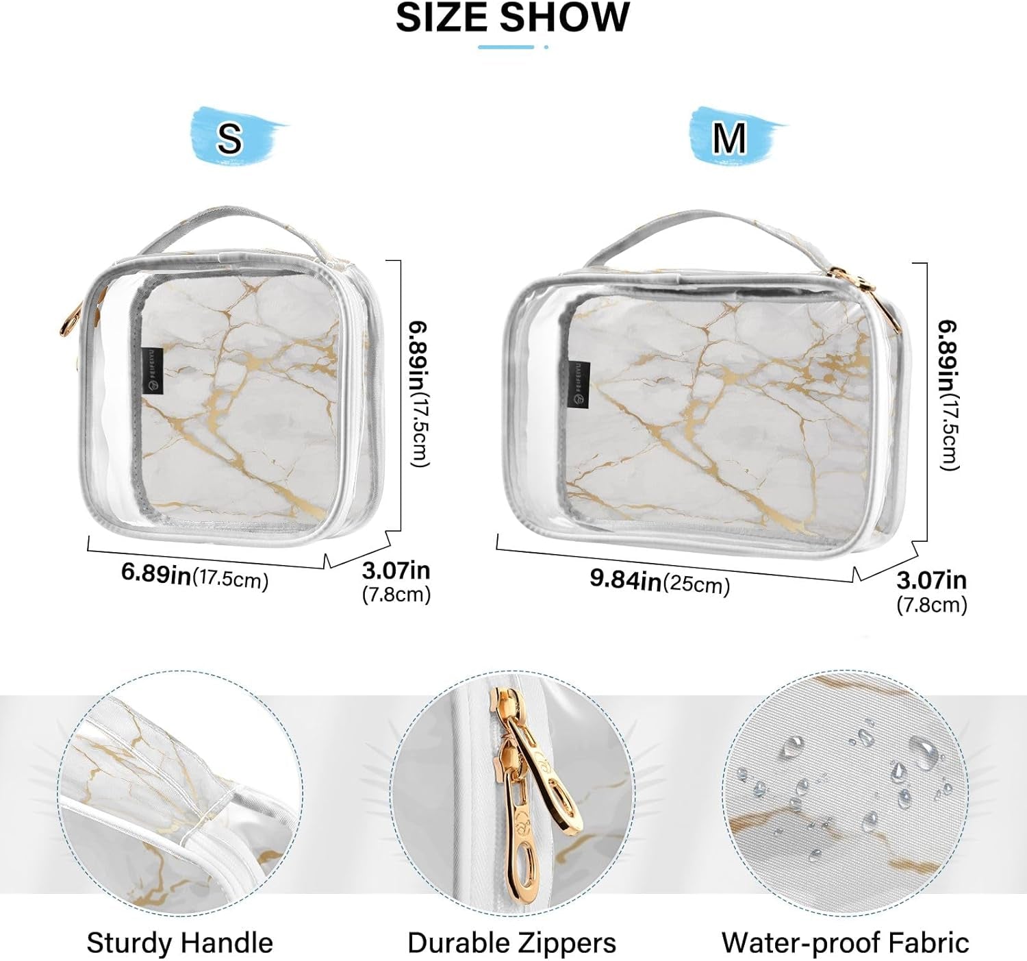 Toiletry Bag Waterproof Travel Cosmetic Bags Makeup Pouch Clear White Gold Marble Organizer with Handle for Men