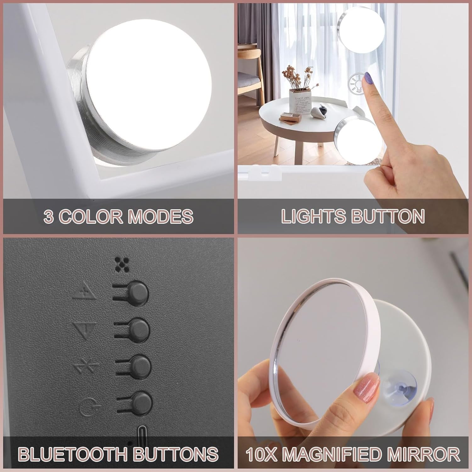 Lighted Vanity Mirror with Lights Speaker and Wireless Charging,Makeup Mirror with Lights and 10X Magnification Hollywood Mirror with 9 Dimmable LED Bulbs(White)