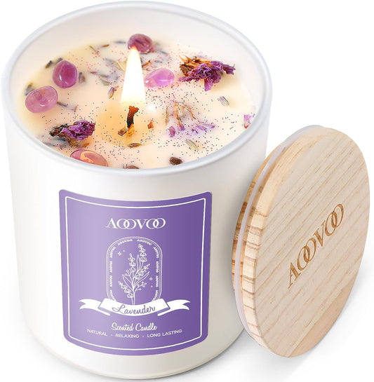 Lavender Scented Candles for Women - Aromatherapy Candle with Crystals Inside, 10Oz Soy Candles for Home Scented, Birthday Gifts Candle for Women Mom