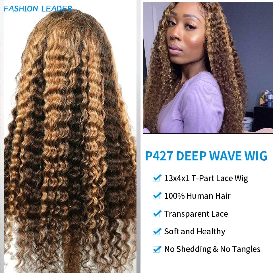 Highlight Wig Human Hair Deep Wave Frontal Wig T Part Ombre Transparent Lace Front Wig Curly Human Hair Wig 30 Inch