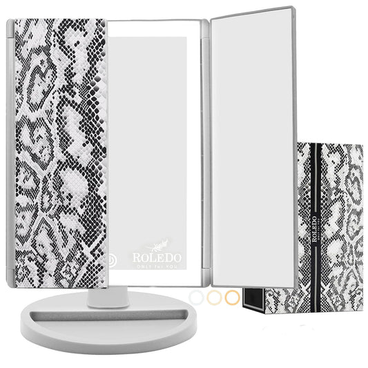 3 Folds Lighted Vanity Makeup Mirror, 72 LED Makeup Mirror with Lights 1X 2X/5X Magnification Touch Screen 3 Color Lighting Portable Cosmetic Mirror Desk, Women Gifts, Teen Girls, Snake Print