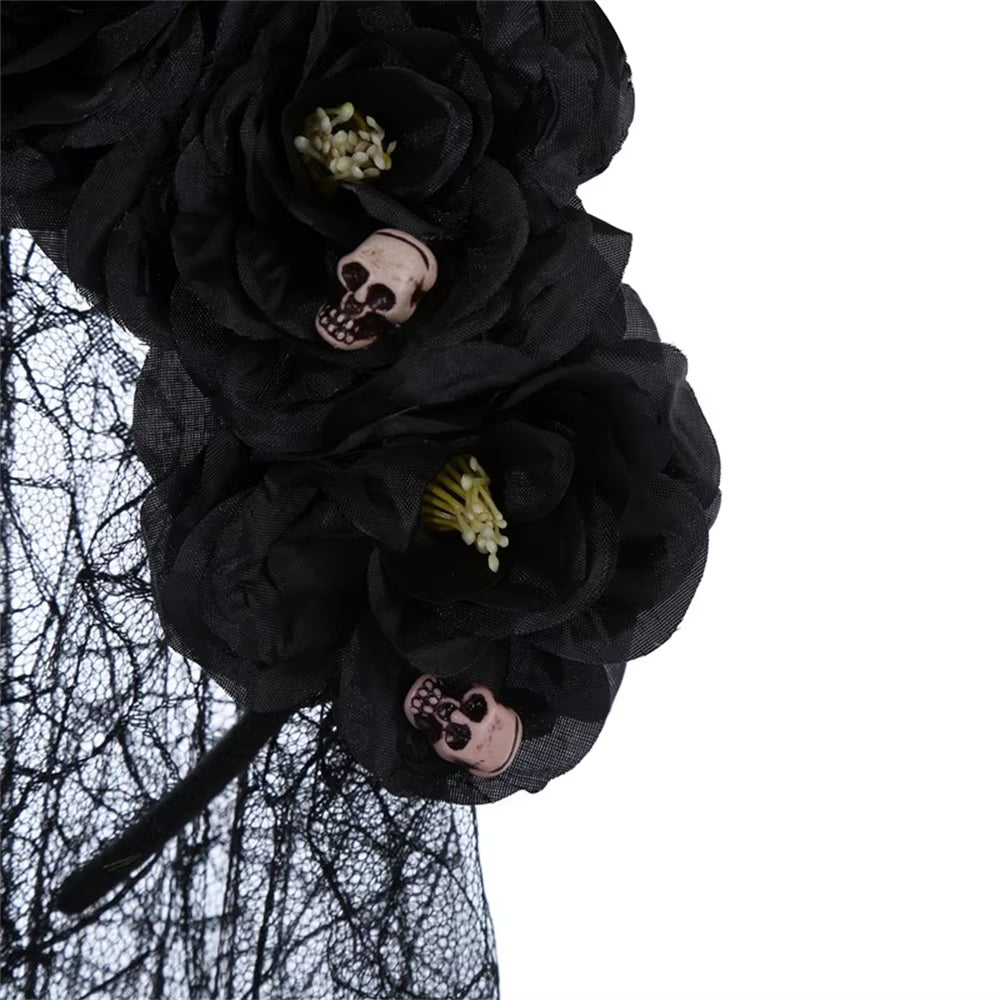 Halloween Gothic Skull Flower Headband for Women Girls Party Cosplay Spider Web Veil Day of the Dead Headband Horror Headwear