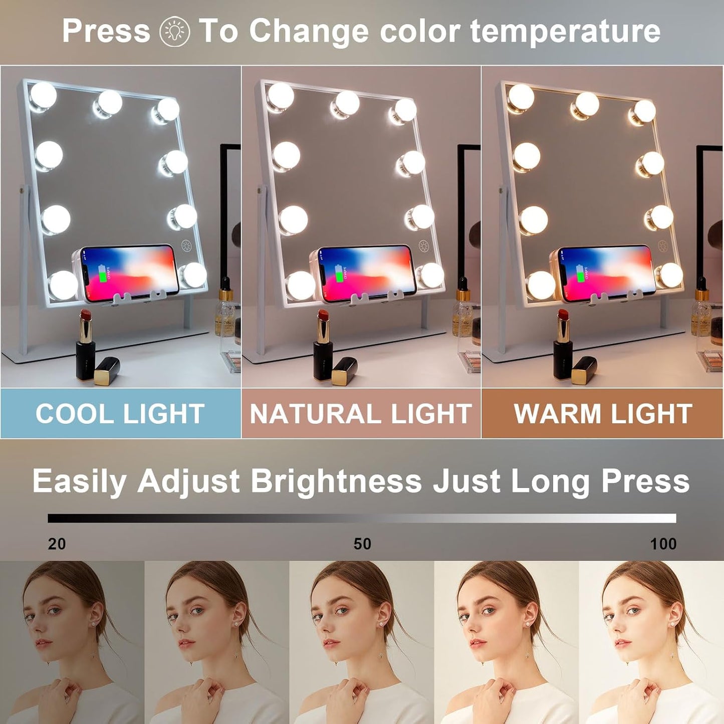 Lighted Vanity Mirror with Lights Speaker and Wireless Charging,Makeup Mirror with Lights and 10X Magnification Hollywood Mirror with 9 Dimmable LED Bulbs(White)