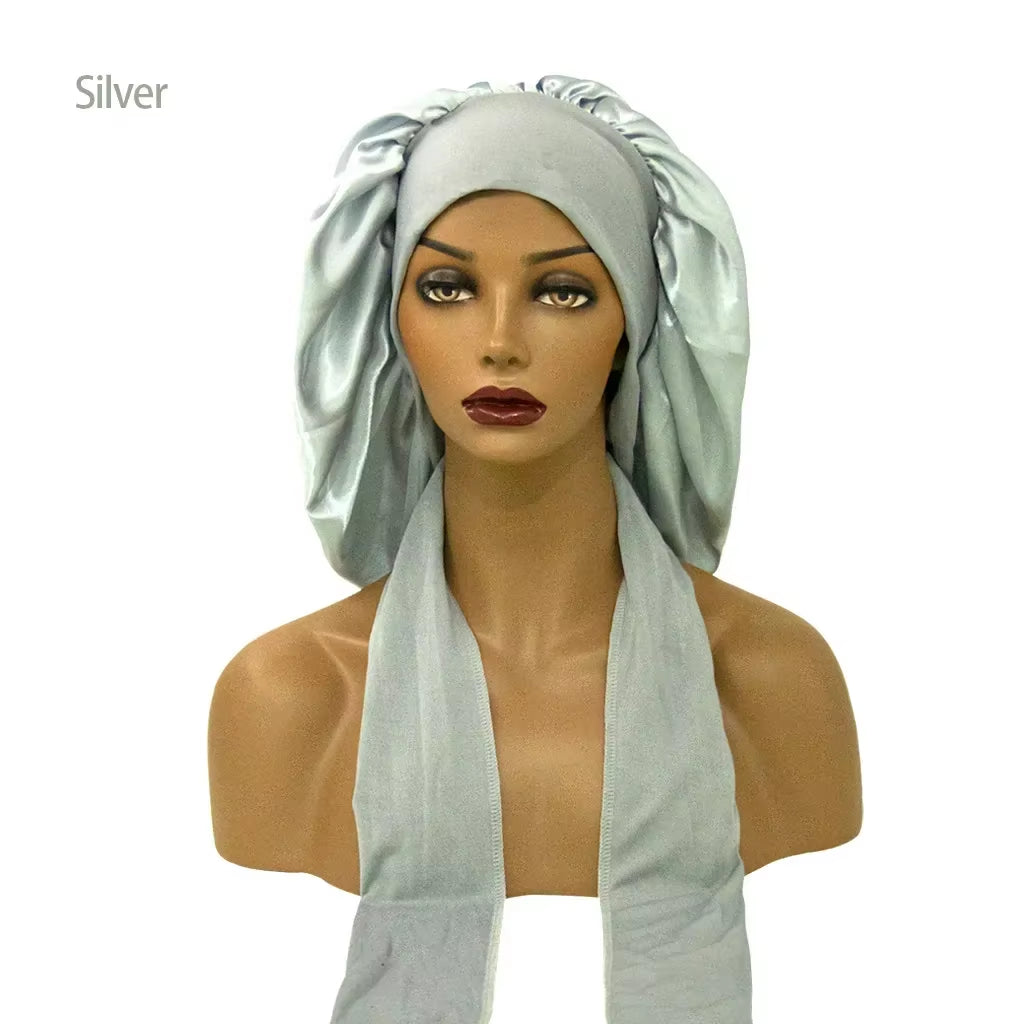 Women Satin Widened Sleep Hat Night Sleep Cap with Long Streamer Hair Care Bonnet Nightcap Elastic Cap De Nuit Shower Turban