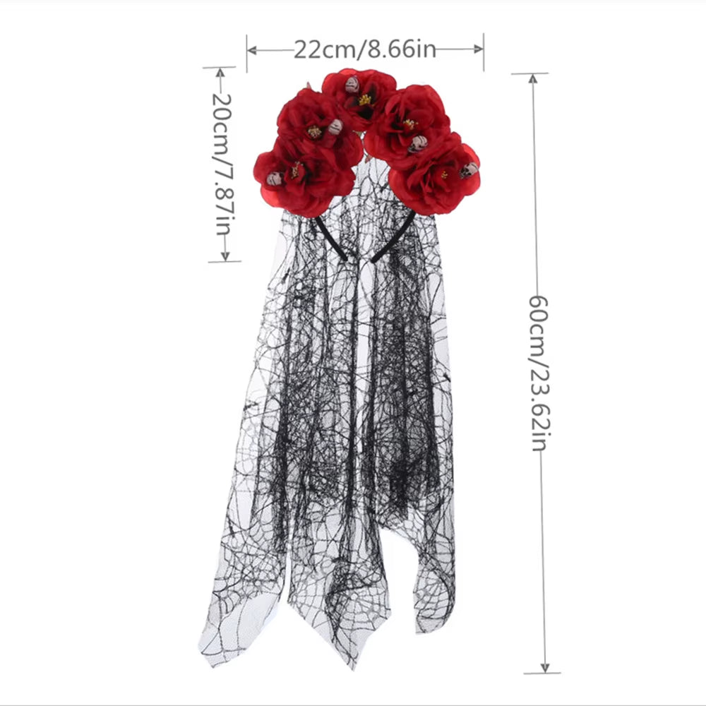 Halloween Gothic Skull Flower Headband for Women Girls Party Cosplay Spider Web Veil Day of the Dead Headband Horror Headwear