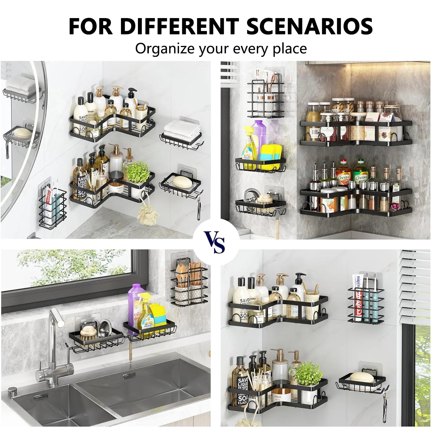 Corner Shower Caddy Organizer, 5 PCS Adhesive Organizer Storage with Soap & Toothbrush Holder, Wall Mounted Rustproof Stainless Steel Bath Rack